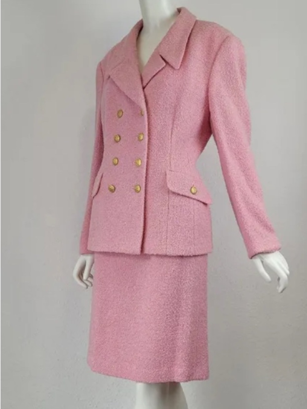 Escada Pink Bouclé Skirt Set with Gold Buttons